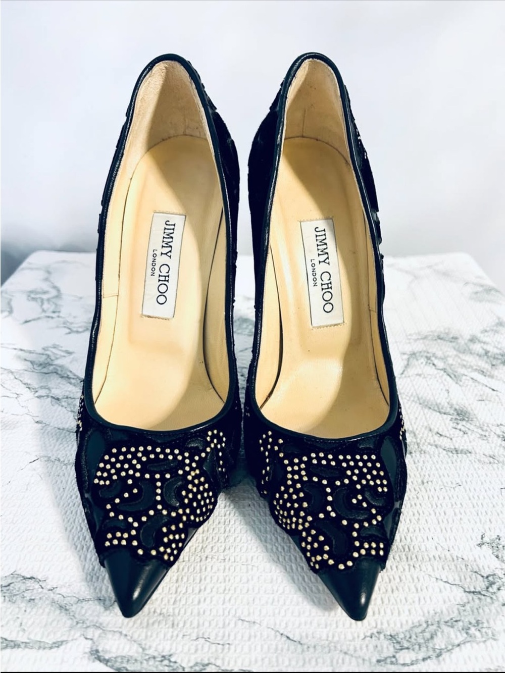 Jimmy Choo Black Pointed Toe Studded Leather Pumps